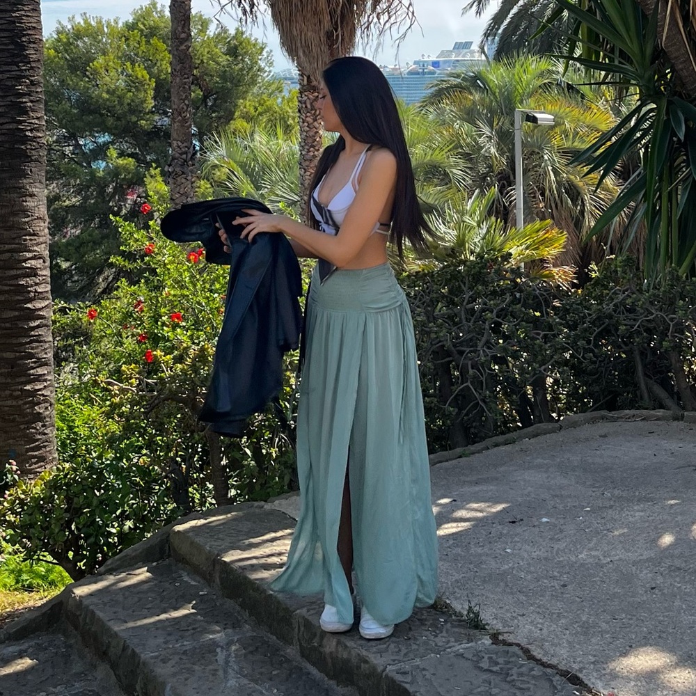 Seafoam Green Maxi skirt with ties and thigh split. Flowy Beach Skirt